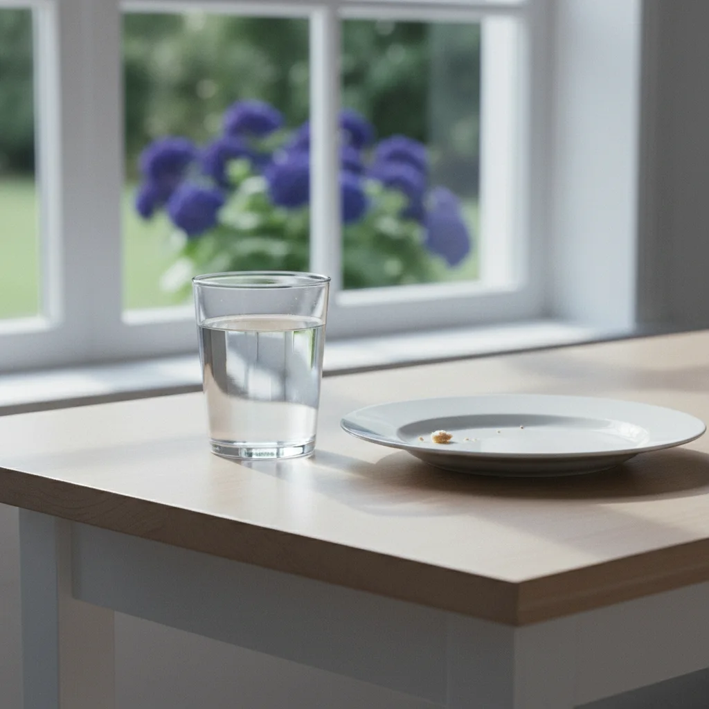 Glas water en een ontbijtbord op een lichte keukentafel bij het raam