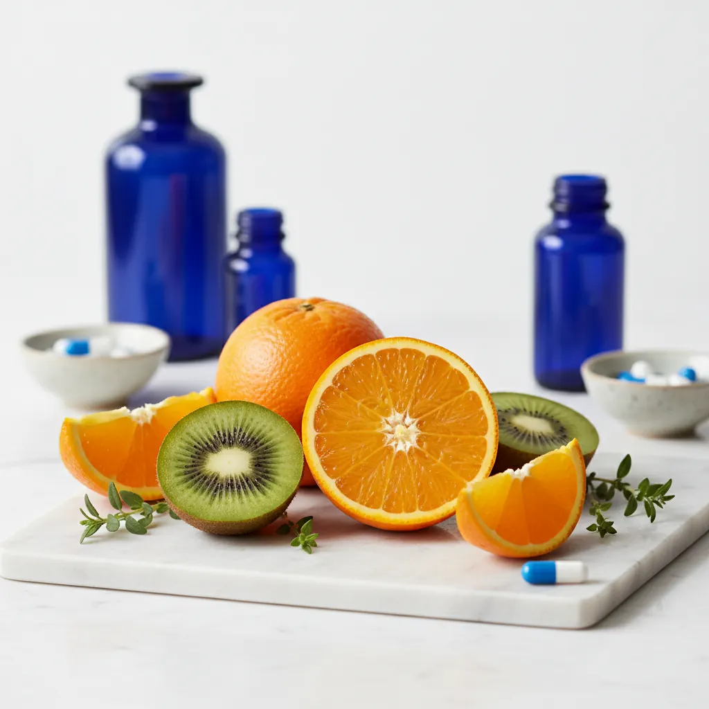 Verse citrusvruchten, sinaasappels en kiwi op een lichte marmeren ondergrond