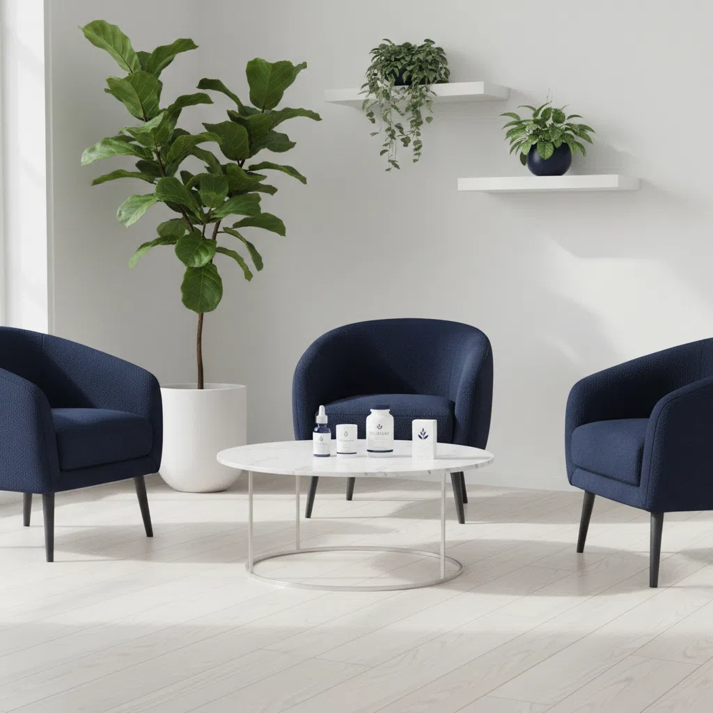 Helder kantoorruimte met een bureau, een notitieboekje en een plant